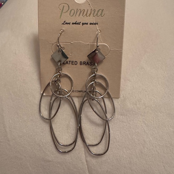 Silver Double Hoop Earrings with Geometric Design - Picture 2 of 4
